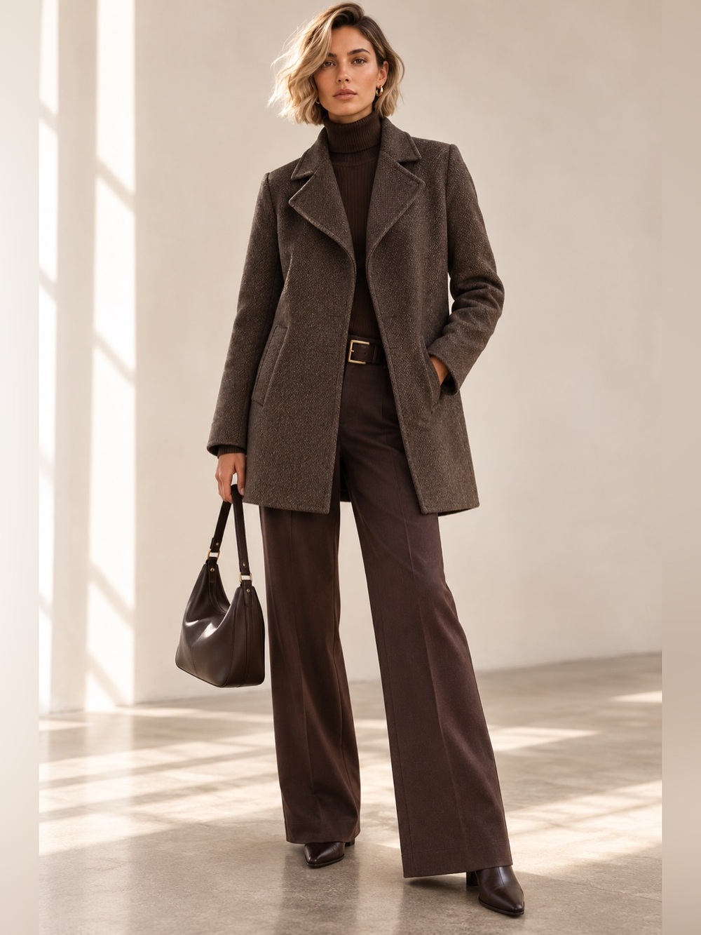 M0851 Brown Tweed 100% Wool Minimalist Coat Made in Canada Sz XXXS